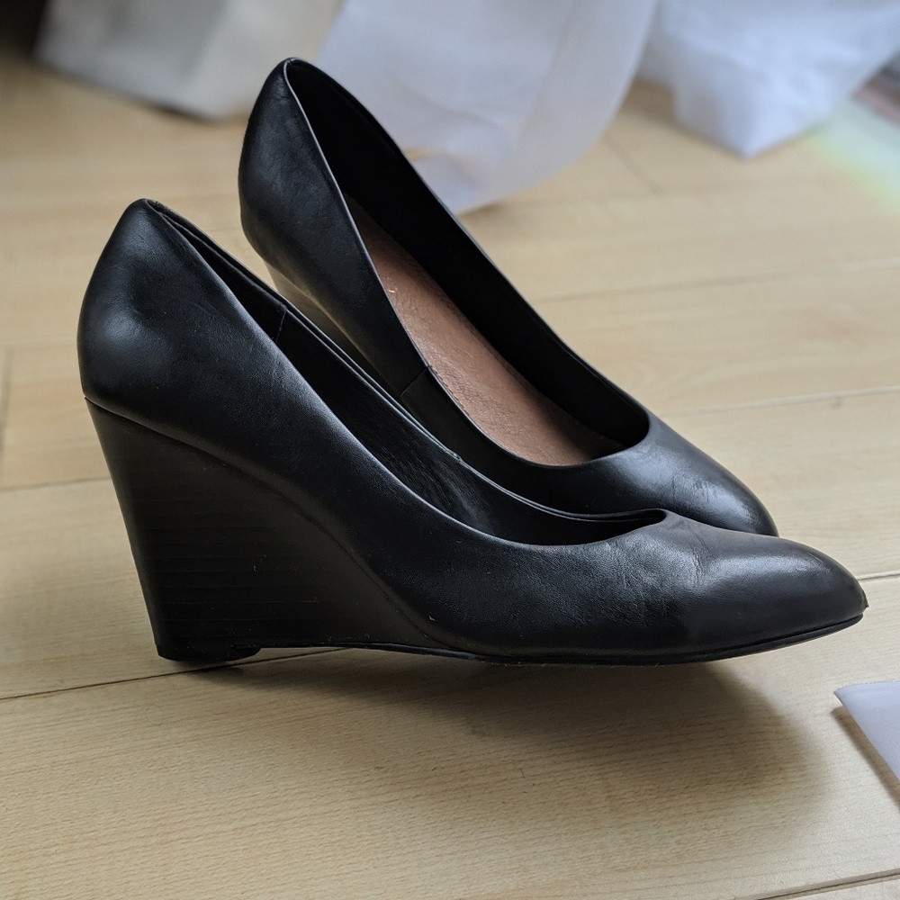 Black leather wedges